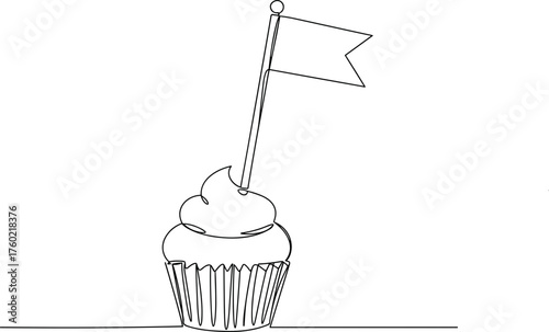 Simple line drawing of a cupcake with a flag on top  