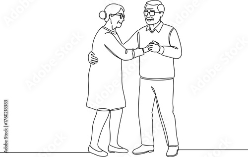 Elderly couple dancing together in line vector style, transparent background  