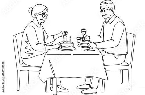Elderly couple celebrating with cake and champagne at dining table, concept of line vector style, transparent background  