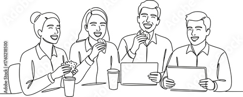 Group of young people enjoying drinks and snacks in line vector style, transparent background  