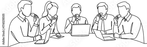 Group of professionals discussing project details at a meeting table - Concept of line vector style, transparent background  