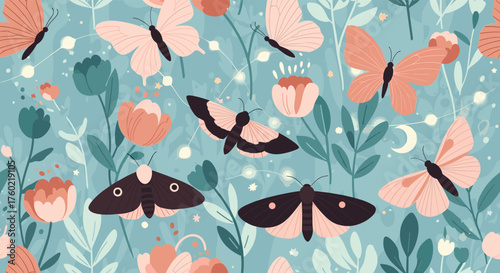 A whimsical collection of delicate butterflies and blooming flowers in a pastel garden scene.