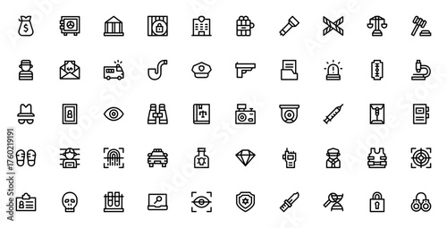 Crime investigation vector icon set. Minimal outlineicons pack. Includes symbos for police, evidence, deective, security, forensic, law, justice and more. Eitable stroke.