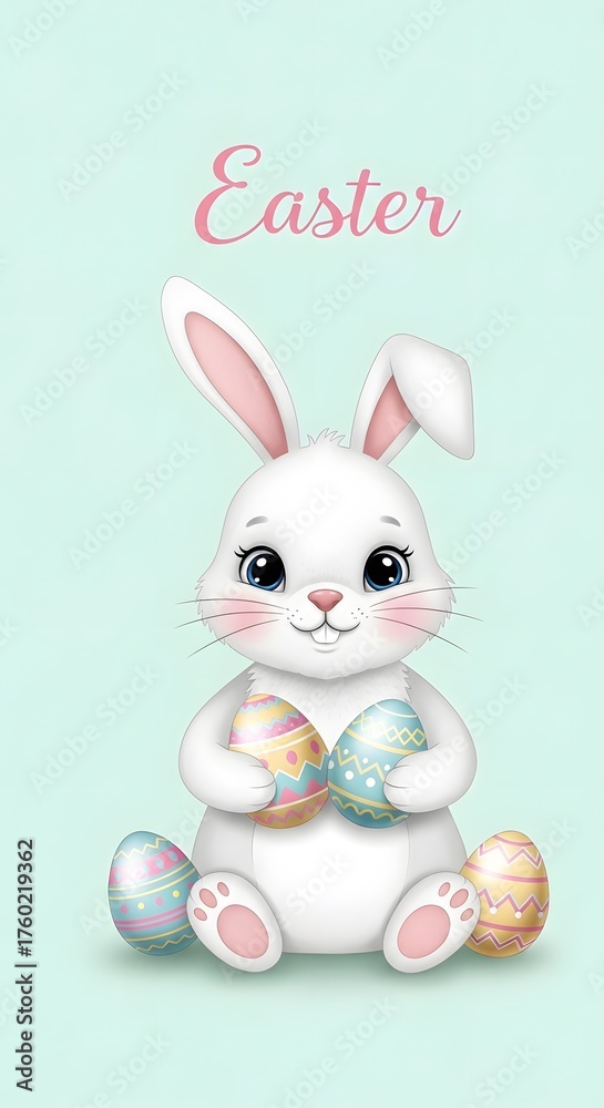 Fototapeta premium Adorable Easter Bunny with Decorated Eggs on Light Green Background