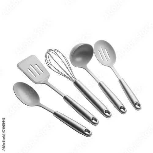 Silver kitchen utensils on a black background isolated illustration on transparent background
