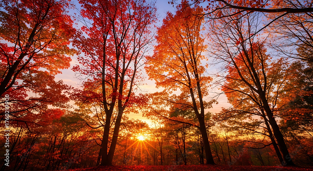Fototapeta premium Autumn forest with glowing sunset through tall trees.