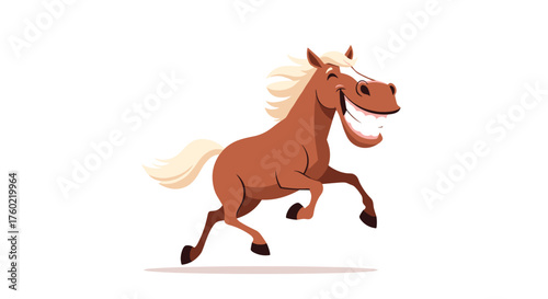 A happy brown cartoon horse with a flowing mane and tail is joyfully galloping with its mouth open in a wide smile.