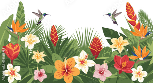 A vibrant tropical garden alive with exotic flowers and delicate hummingbirds flitting among the lush foliage.