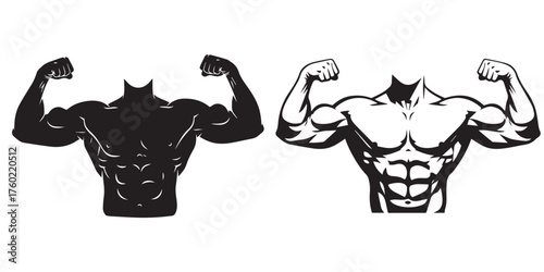 Stylized Male Torso Flexing Biceps Black White Silhouette Vector