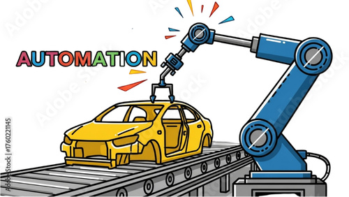 Black Continuous Line Colorful Illustration of Robotic Arm Assembling Car Body – Symbol of Automotive Manufacturing and Factory Automation
