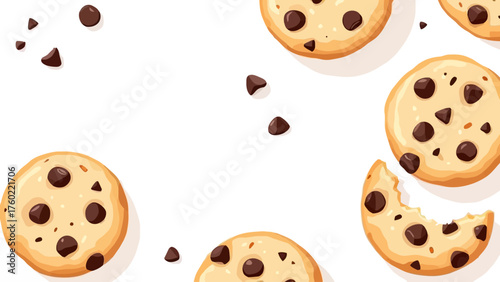 Flat vector illustration of chocolate chip cookies in minimal clean design with chocolate chips on white background