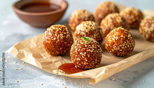 Japanese Mitarashi Dango Skewered Rice Dumplings in Sweet Soy Glaze Topped with Sesame Seeds and Parsley Sprig on Brown Paper Close-up