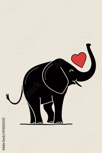 Charming Black Elephant Illustration with Red Heart Symbol