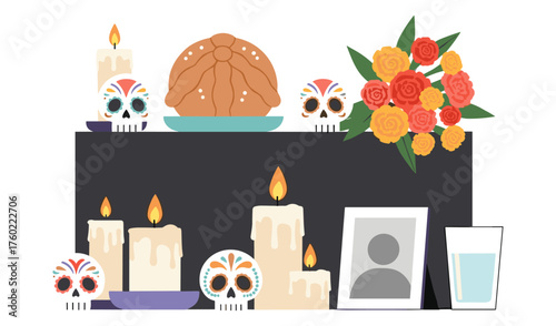 Day of the Dead Altar Illustration with Sugar Skulls Candles and Food Concept
