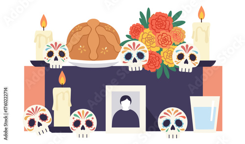 Day of the Dead Altar Illustration with Pan de Muerto Skulls and Flowers