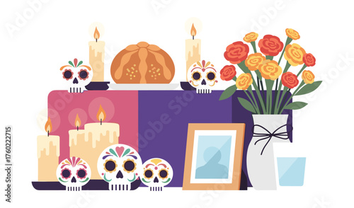 Day of the Dead Altar Illustration Dia de los Muertos Offering with Skulls Flowers and Candles