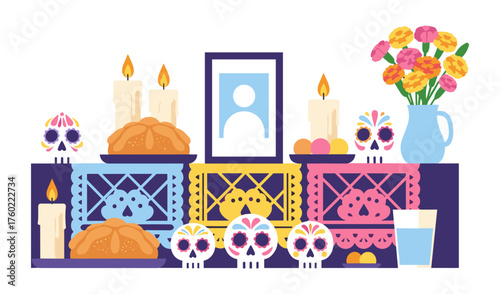 Day of the Dead Altar Illustration Vibrant Ofrenda with Skulls and Offerings