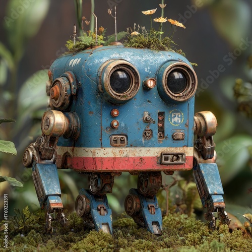 Rusty blue robot, cube-shaped, with plants on its head, walking on moss-covered ground