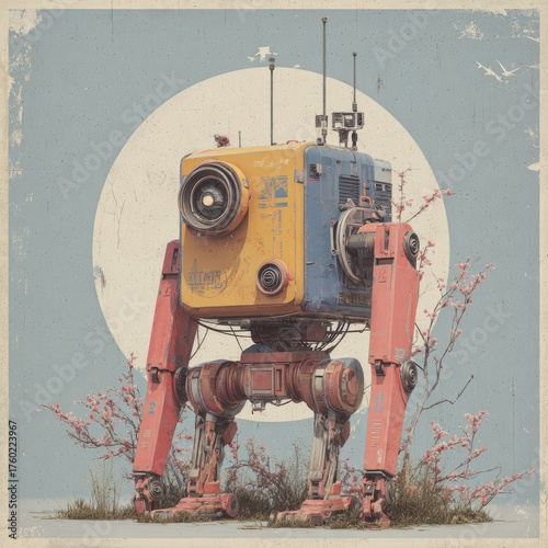 Retro robot with vibrant colors, standing amidst a serene landscape of cherry blossoms and a pale moon