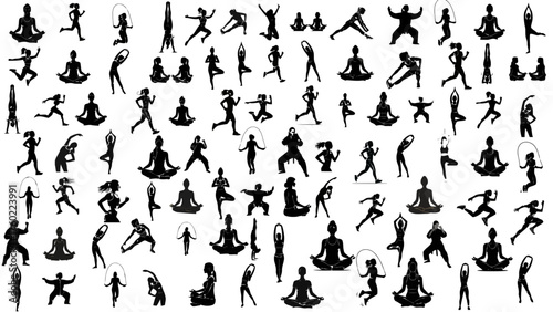 Massive Collection of Fitness and Yoga Silhouettes: Running, Jumping, Stretching, Meditation Poses, Health and Wellness Vector Icon Set