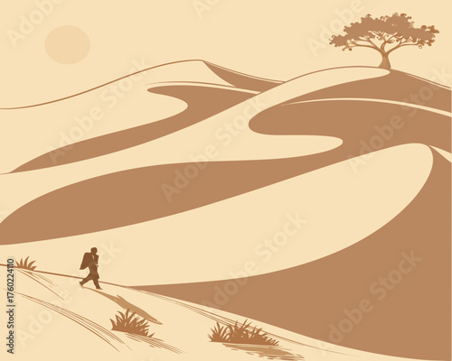 A lone traveler journeys across the desert dunes toward a distant tree