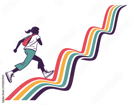A woman with a backpack is running up a colorful, winding road