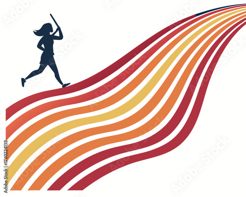 A woman is running up a colorful, winding road with a bat