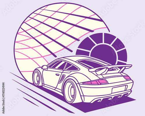 A sleek sports car speeds along a track with geometric shapes behind it