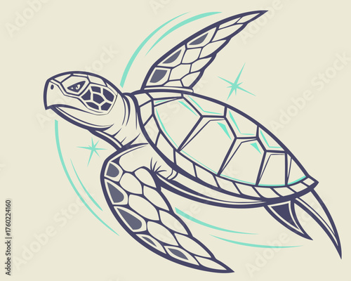 A sea turtle gracefully swims through the ocean with a determined expression