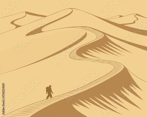 A lone traveler walks along a winding path through the desert dunes