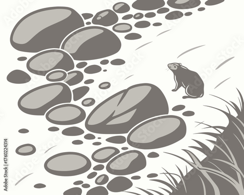 Illustration of a groundhog among rocks and grass on a light background