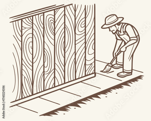Man sweeping the floor near a wooden wall in a simple line drawing style