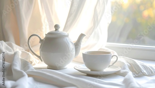 White teapot and teacup near a window with light and draped cloth