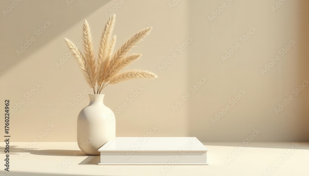 Naklejka premium White book mockup, dried grass vase, beige table Minimalist, elegant scene , home decor, beige