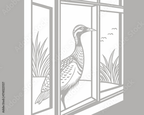 Duck standing by a window with grass outside