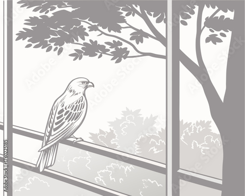 Hawk perched on a window frame with a tree outside