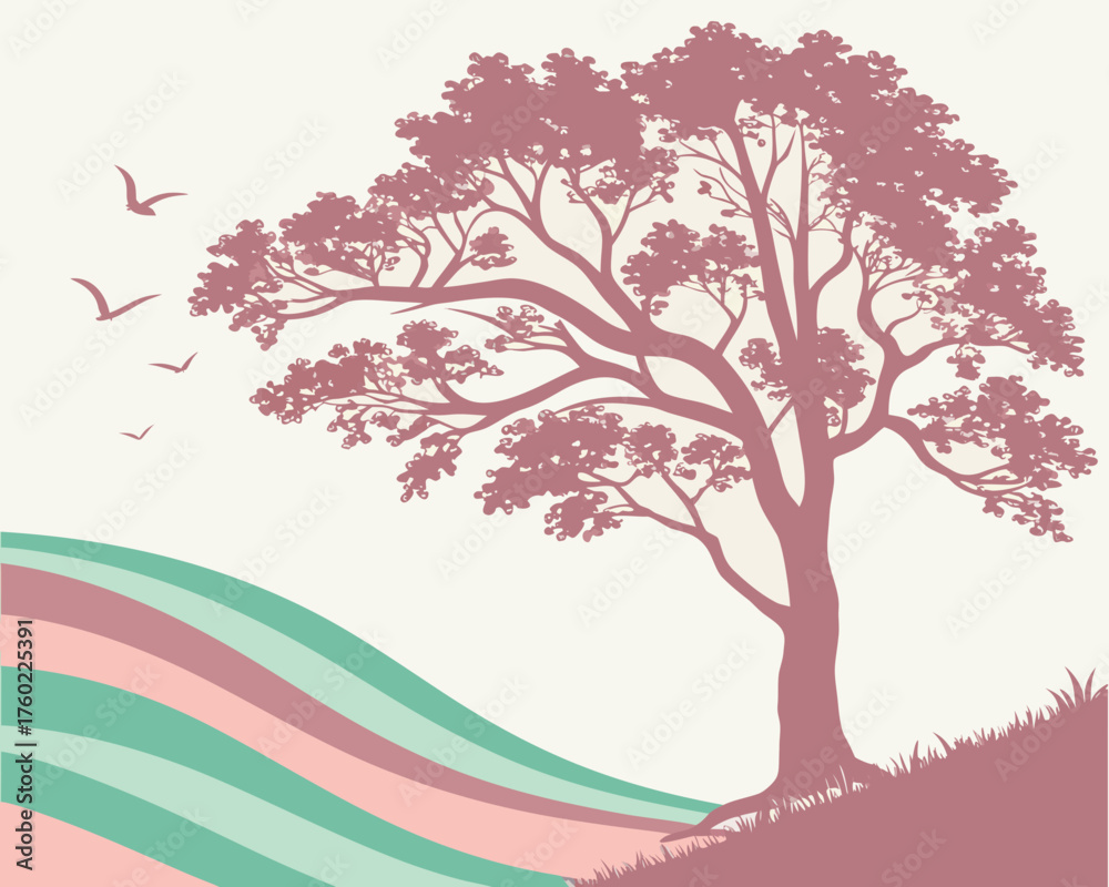 Fototapeta premium Silhouette of a tree with birds flying over a wavy landscape design