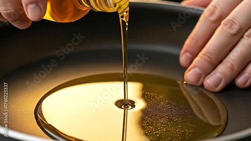 Close-up of hands pouring golden cooking oil from a bottle into a black non-stick frying pan, preparing for a healthy meal