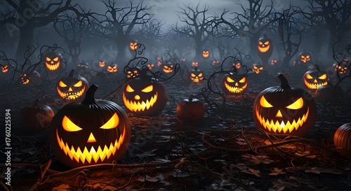 Spooky Halloween Pumpkins Glowing in a Foggy Forest at Night