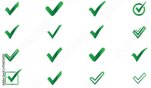  check mark icons set. Checkmark vector icon collection. Checked icon or correct choice sign. Check mark or checkbox pictogram. Vector illustration.
