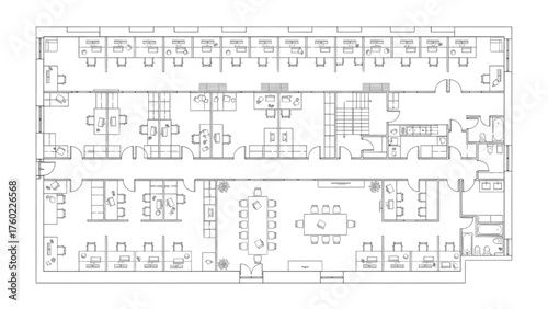 Black Line Illustration of Office Layout – Cubicles, Desks, Meeting Rooms, and Workspace Organization Floor Plan