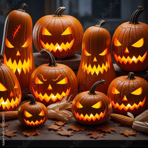 Vibrant Halloween display featuring a gathering of illuminated jack-o'-lanterns, their various sizes and carved grins creating a spooky yet inviting autumn celebration scene with warm, glowing light