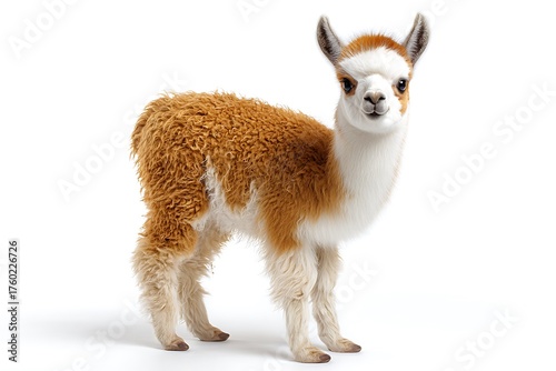 Cute baby guanaco standing and looking forward isolated on white background