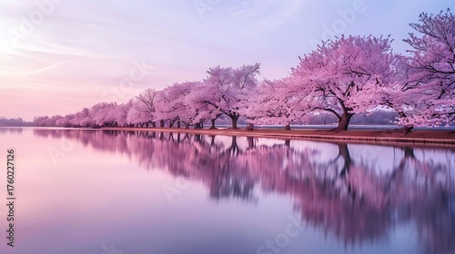 Row of cherry blossom trees along riverbank,