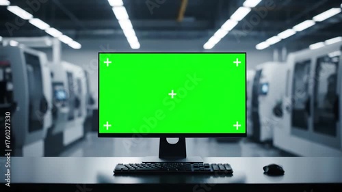 Industrial Tech Workstation with senior engineer in glasses is working on a desktop computer green screen monitor factory shot red cinema camera distortion, overlay, glitch, static noise, scan lines