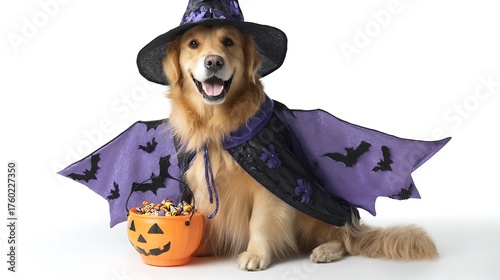 Golden retriever dog wearing a witch costume with a halloween candy bucket isolated on white background