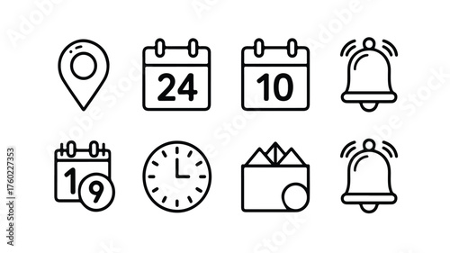 Location time calendar and notification bell icons set. Flat simple illustrations of pin date vectors design.