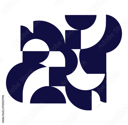 Abstract geometric composition of semicircles and squares in a navy and white color scheme