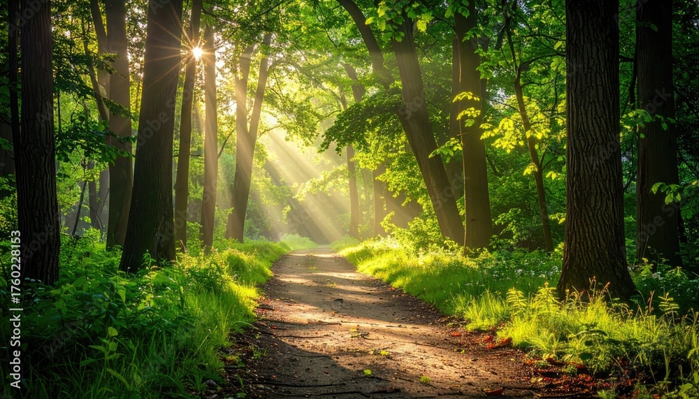 Obraz premium Sunbeams Filter Through Lush Green Forest Trees Illuminating A Dirt Path With Wildflowers And Lush Greenery Creating A Peaceful Morning Atmosphere
