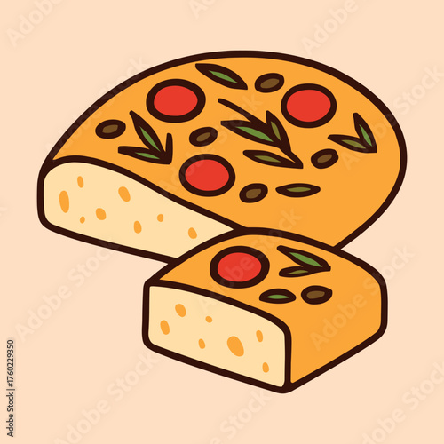 Hand-drawn focaccia bread with tomatoes and rosemary